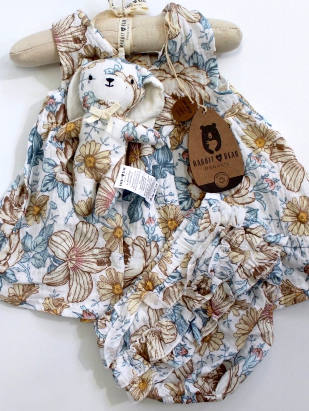 Rabbit + Bear Organic Floral Cotton Dress, Diaper Cover and Plush Set Size 3-6 M